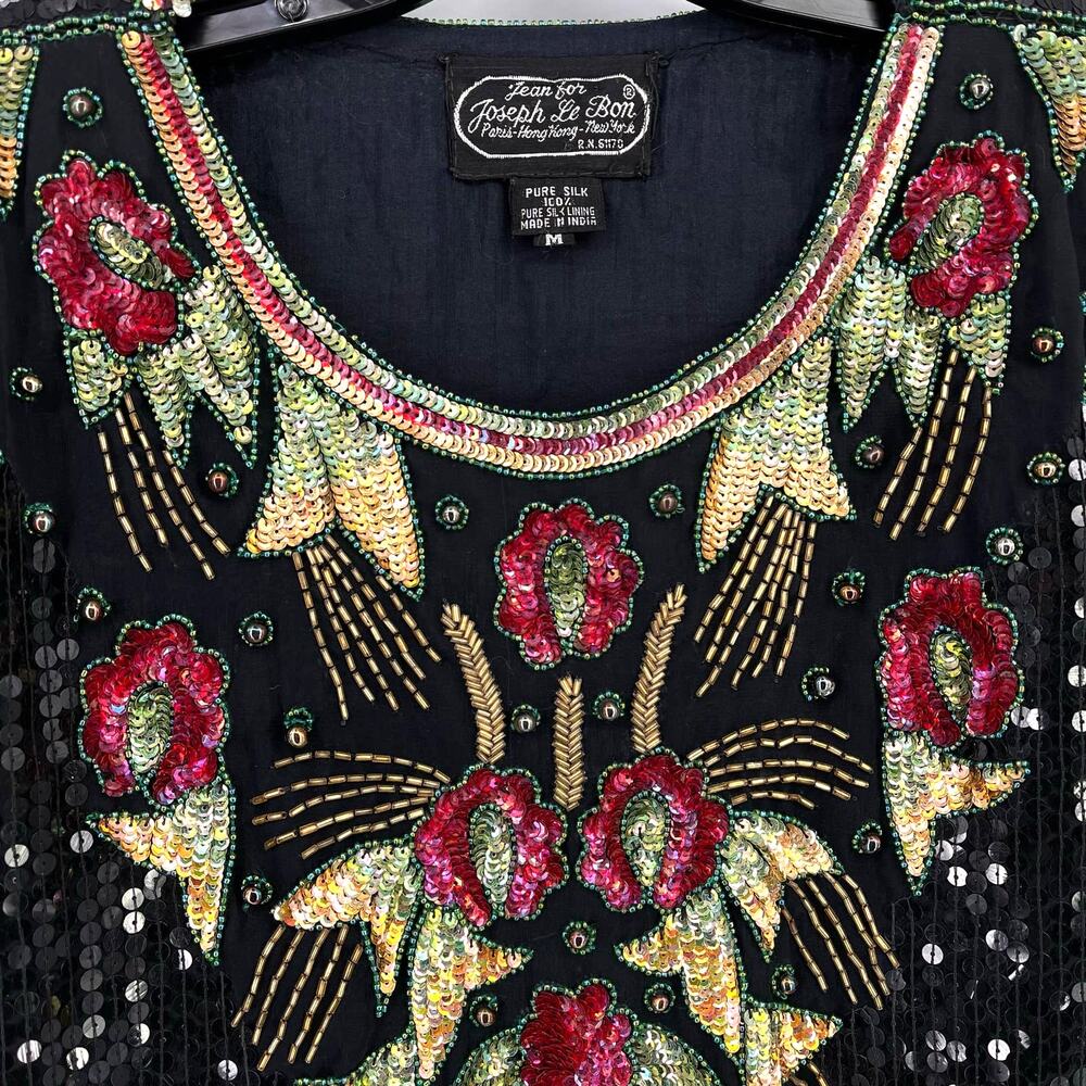 Jean For Joseph Le Bon Silk Floral Full Sequin Shirt Womens Sz Medium Black Red - Picture 2 of 5
